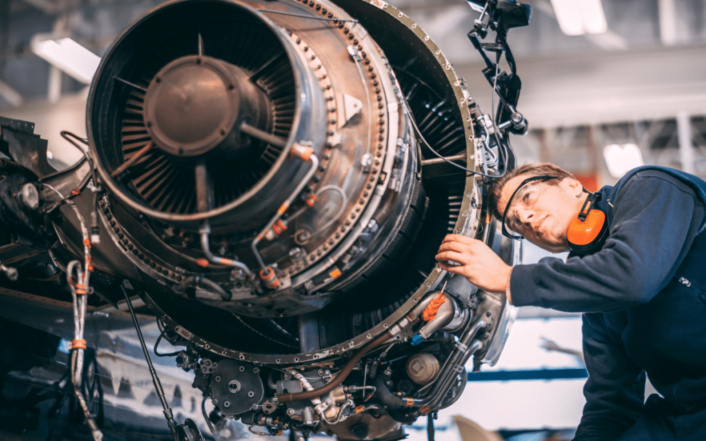 Mechanic looking closely at a jet engine he is working on