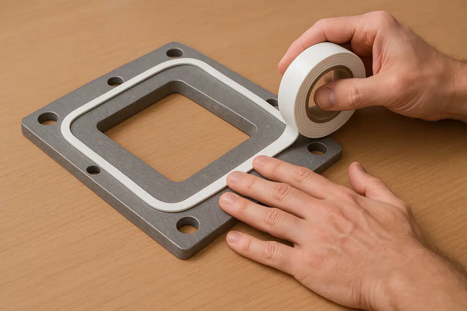 Person applying gasket tape to a flange